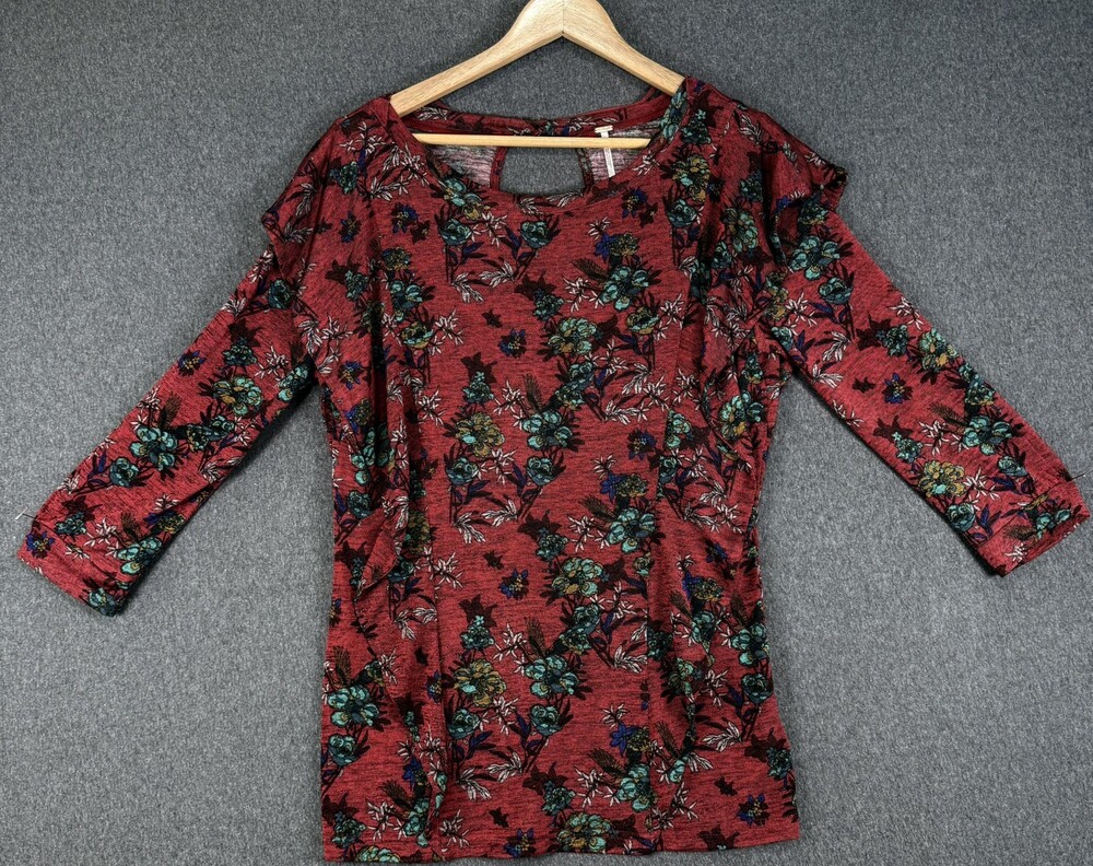 Free People Dock Street Top Womens Medium Red Floral Ruffle Keyhole Back Boho